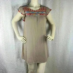 Savanna jane tan Aztec embroidered ruffle cap sleeve mini Dress